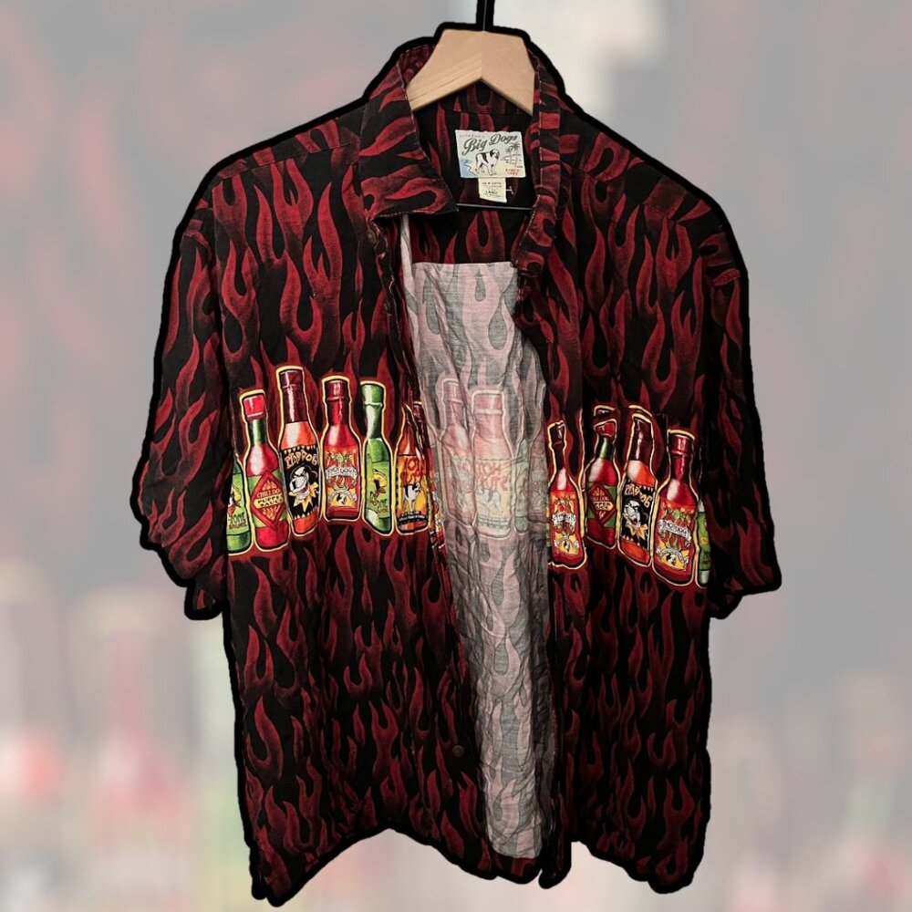 Big Dogs Flame + Hot Sauce Bottle Graphic Rayon Button‑Front Shirt — Y2K